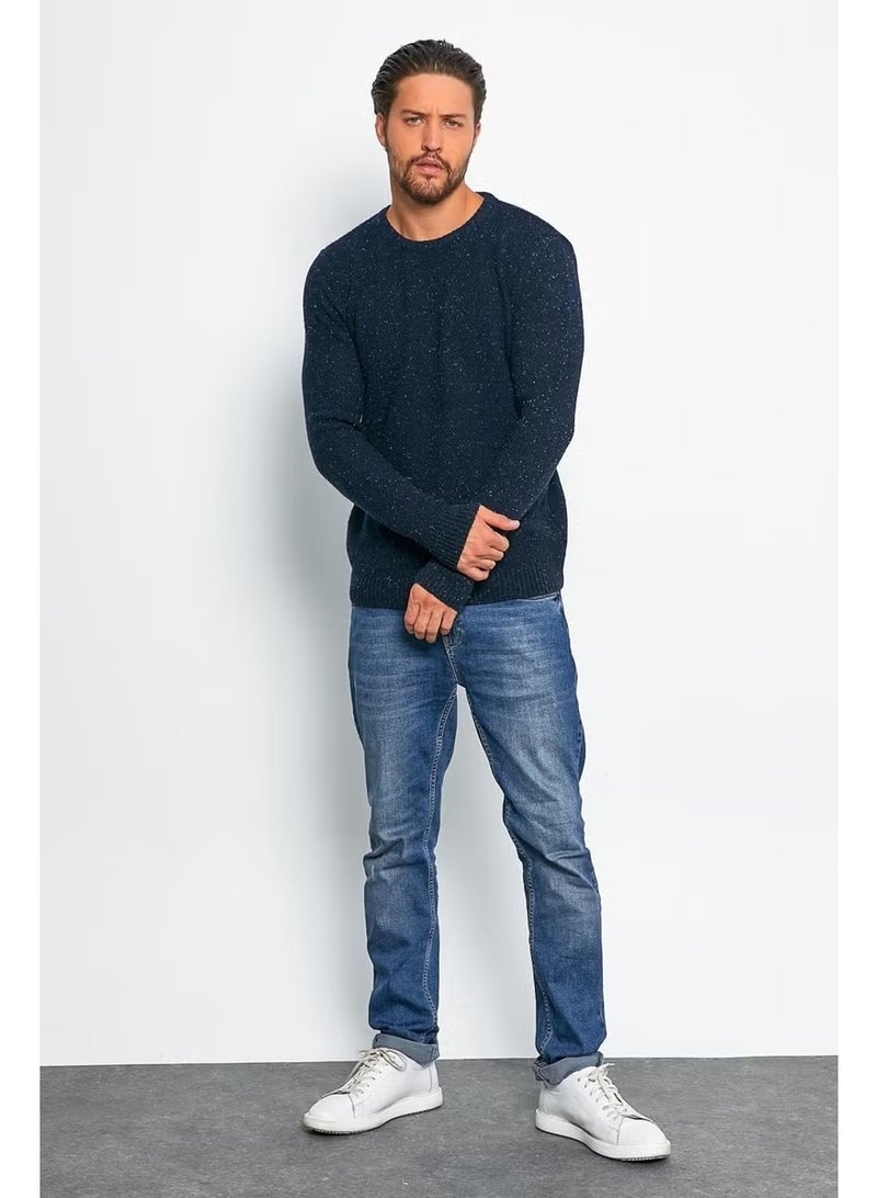 Odelon Men's Standard Fit Crew Neck Wool Knitwear Sweater Navy Blue - Image 1